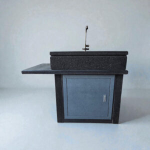 Lavandino con base 80x40 e ripiano integrato tutto a sinistra, vasca con rubinetto in appoggio, nero, sportello grigio dolomite