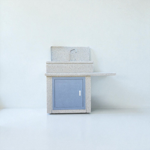 Lavandino 80x40 con rubinetto in appoggio, base paraschizzi rettangolare e ripiano integrato tutto a destra, bardiglio, sportello dolomite